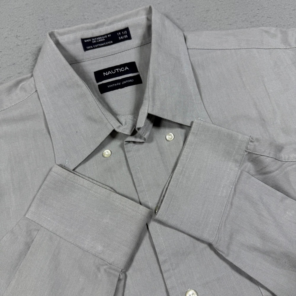 Nautica Vintage Oxford Shirt Mens 17.5 34/35 Gray Long Sleeve Button Down Cotton